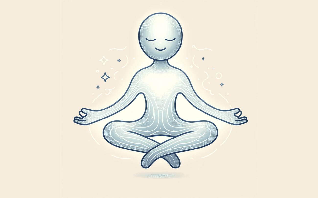Medito: a translucent, spirit-like figure with a gentle glow and elongated limbs in a comforting, serene face.